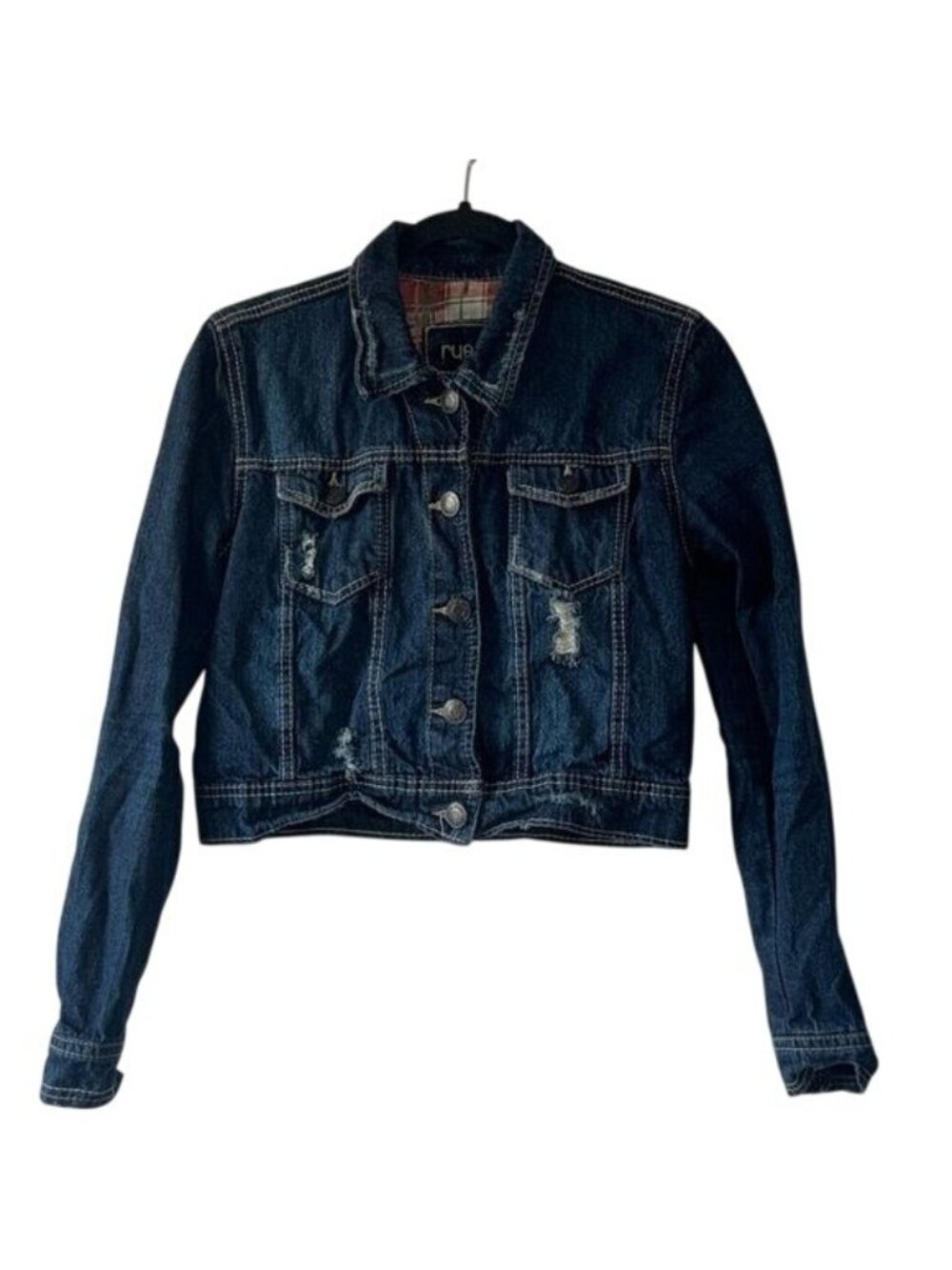Rue21 Distressed Medium Wash Denim Jacket L/S Rip Torn Style Plaid Lining Size M